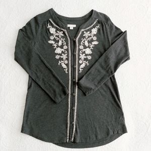 J. Jill Boho Embroidered Floral Long Sleeve Knit Top XS Gray EUC